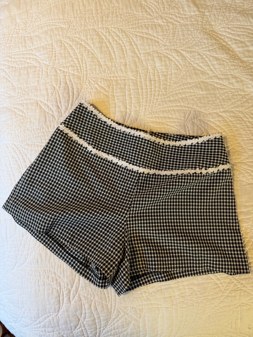 XOXO Black & White Gingham High-Waist Lace Trim Shorts